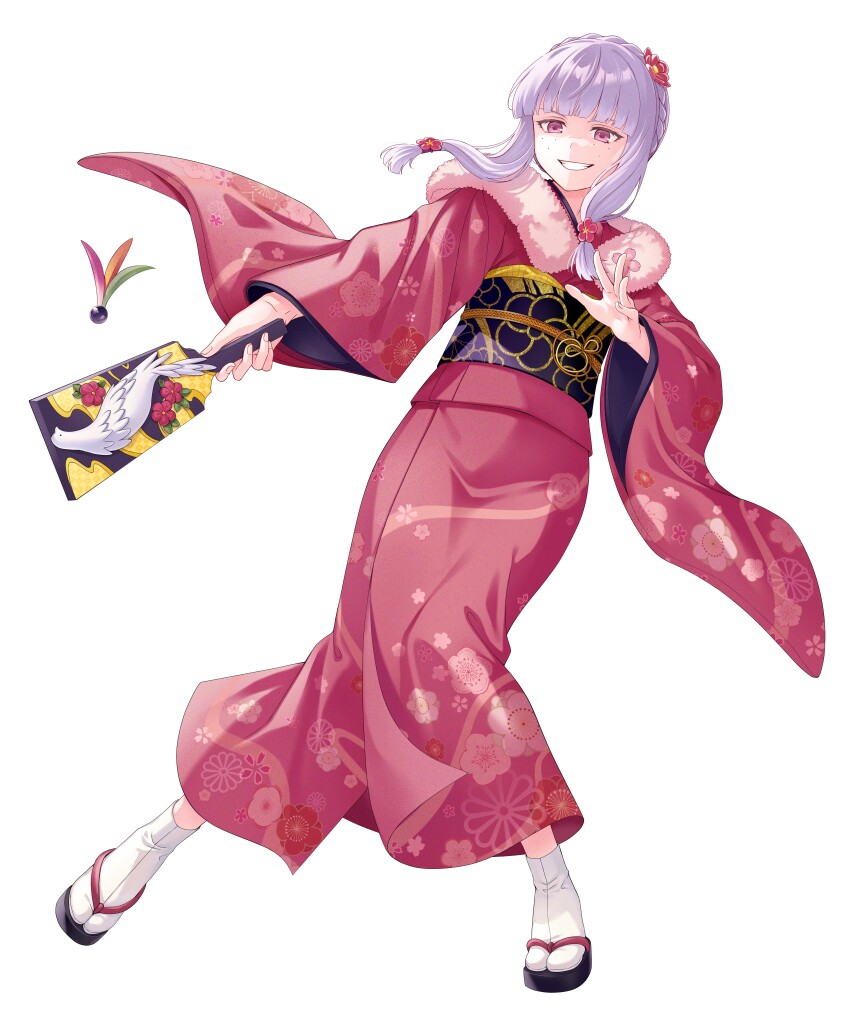 1girl absurdres agria_(new_year)_(tales) agria_(tales) blunt_bangs braid commission e_(eokiba) floral_print flower flower_pin freckles fur-trimmed_kimono fur_trim hagoita hair_flower hair_ornament hane_(hanetsuki) hanetsuki highres japanese_clothes kimono long_hair obijime paddle purple_eyes red_kimono sandals sidelocks smile solo solo_focus tabi tales_of_(series) tales_of_asteria tales_of_xillia white_background white_hair