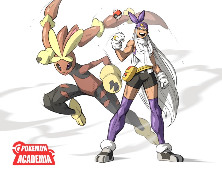 1girl 1other bag bike_shorts boku_no_hero_academia copyright_name crossover dark-skinned_female dark_skin gen_4_pokemon gloves highres kevin_shah lopunny mega_lopunny mega_pokemon mirko muscular muscular_female nintendo open_mouth poke_ball pokemon pokemon_(creature) procreate_(medium) satchel shoes sleeveless smile thighhighs
