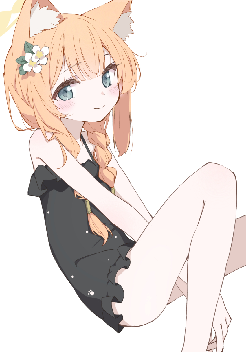 1girl animal_ear_fluff animal_ears bare_arms bare_legs bare_shoulders black_one-piece_swimsuit blue_archive blue_eyes blush braid cat_ears closed_mouth cram960 flower hair_flower hair_ornament halo highres long_hair looking_at_viewer mari_(blue_archive) mari_(swimsuit)_(blue_archive) official_alternate_costume one-piece_swimsuit orange_hair simple_background single_braid smile solo swimsuit white_background white_flower yellow_halo