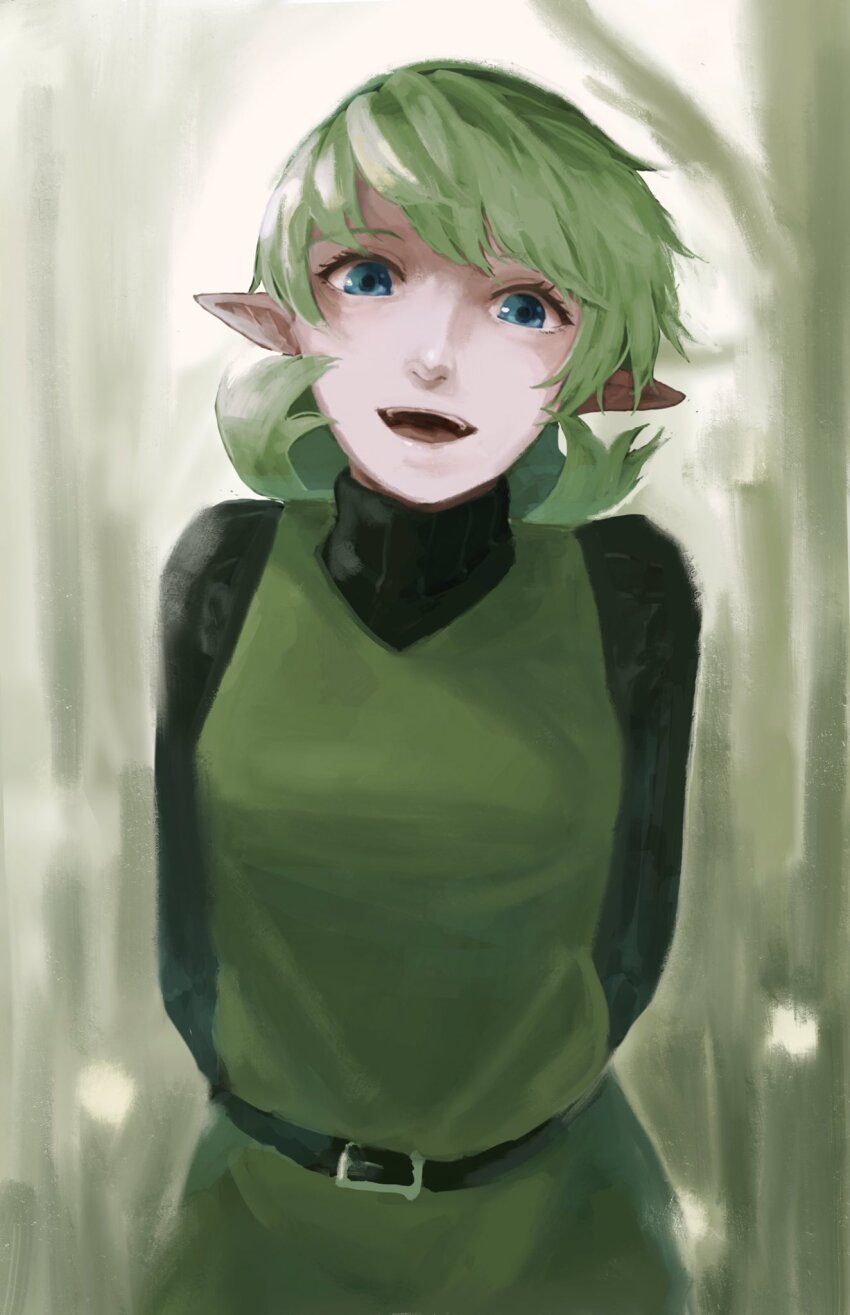 1girl :d arms_behind_back belt belt_buckle blue_eyes buckle forest green_belt green_hair green_hairband green_sweater hairband highres in-universe_location kokiri long_sleeves looking_at_viewer nature nintendo open_mouth otsubo_kiko pointy_ears ribbed_sweater saria_(zelda) short_hair smile solo sweater teeth the_legend_of_zelda the_legend_of_zelda:_ocarina_of_time tree turtleneck turtleneck_sweater upper_teeth_only