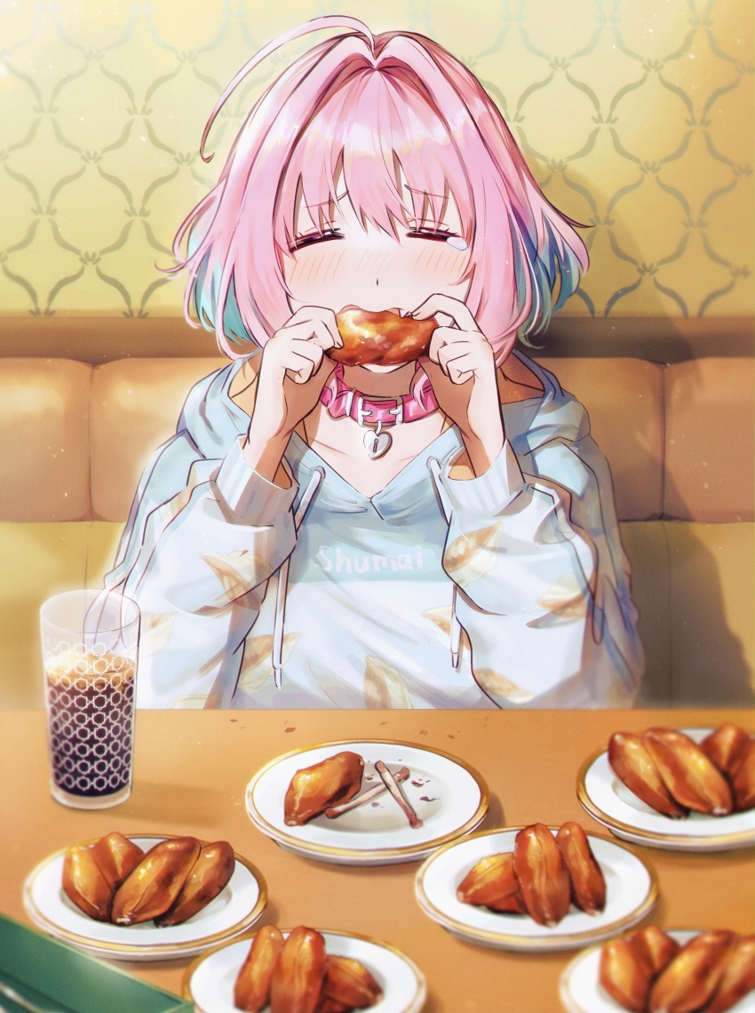 1girl absurdres ahoge blue_hair bone chicken_wing closed_eyes clothes_writing collar collarbone commentary cup drawstring dumpling eating fang food food_print hair_between_eyes hamachamu hands_up heart-shaped_lock highres holding holding_food hood hood_down hooded_sweater idolmaster idolmaster_cinderella_girls indoors jiaozi long_sleeves meat multicolored_hair pink_hair plate saizeriya solo sweater tearing_up two-tone_hair yumemi_riamu