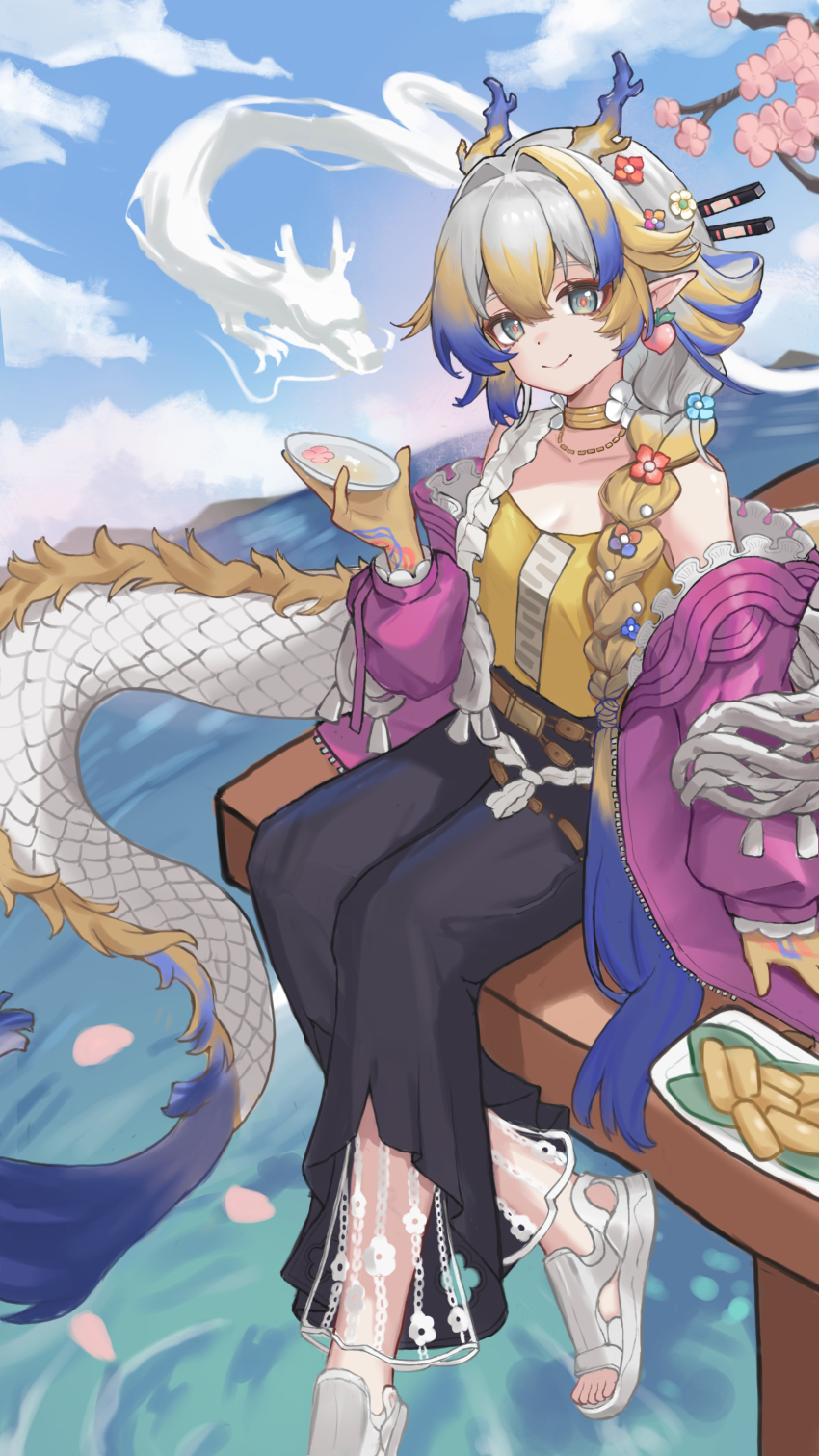 1girl absurdres arknights bare_shoulders black_pants blonde_hair blue_hair braid breasts camisole chinese_commentary choker cleavage closed_mouth collarbone colored_extremities commentary cup dragon dragon_girl dragon_horns dragon_tail drink earrings eastern_dragon flower foot_out_of_frame frilled_sleeves frills fruit_earrings green_eyes grey_hair hair_between_eyes hair_flower hair_intakes hair_ornament highres holding holding_drink horns jacket jewelry long_hair long_sleeves multicolored_hair necklace off_shoulder official_alternate_costume pants pink_jacket pointy_ears sakazuki sandals shu_(arknights) shu_(spring_feast)_(arknights) sitting small_breasts smile solo tail white_sandals xigua yellow_camisole yellow_choker