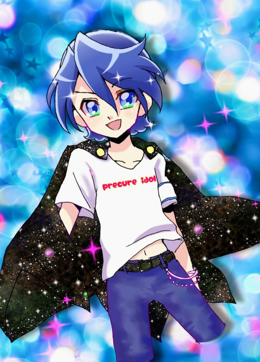 10s 1boy bad_id bad_twitter_id belt blue_eyes blue_hair commentary_request highres jacket jacket_on_shoulders julio_(precure) kirakira_precure_a_la_mode kuroki_rio looking_at_viewer male_focus precure reira_(reomimi0211) shirt smile solo t-shirt
