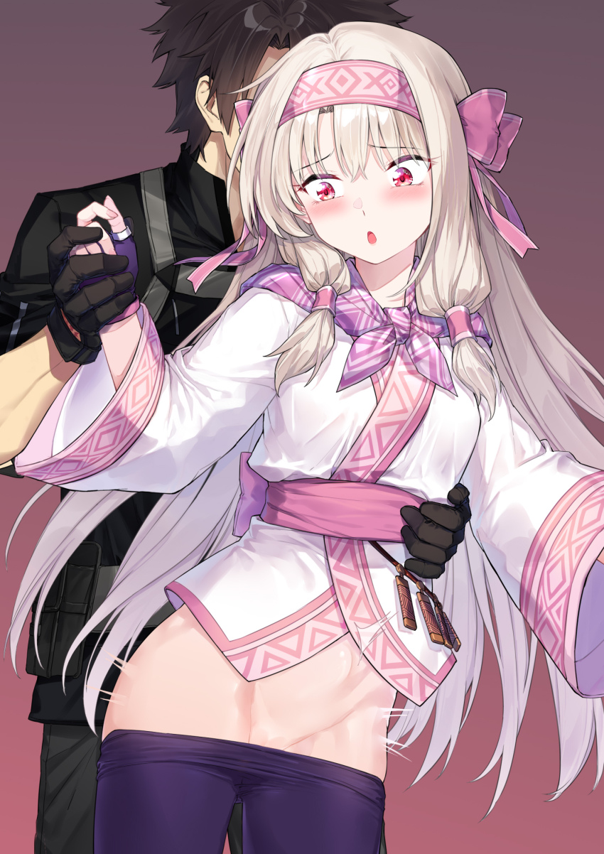 1boy 1girl ainu_clothes black_gloves black_hair black_jacket black_pantyhose breasts clothed_sex clothes_pull coffeekite fate/grand_order fate_(series) fingerless_gloves fujimaru_ritsuka_(male) fujimaru_ritsuka_(male)_(polar_chaldea_uniform) fur_trim gloves hairband hetero highres holding_hands jacket long_hair open_mouth pants pants_pull pantyhose purple_gloves purple_hairband purple_scarf red_eyes sash scarf sex sex_from_behind shirt short_hair short_sleeves sidelocks sitonai_(fate) small_breasts solo_focus stomach_bulge white_hair white_shirt