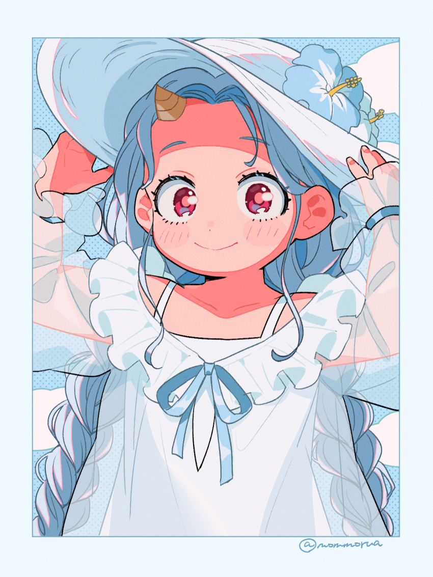 1girl boku_no_hero_academia braid camisole closed_mouth commentary_request dress eri_(boku_no_hero_academia) flower grey_hair hands_up hat hat_flower highres horns light_blush long_hair looking_at_viewer mommorua partial_commentary red_eyes see-through_clothes see-through_dress single_horn smile solo twin_braids white_camisole white_hat