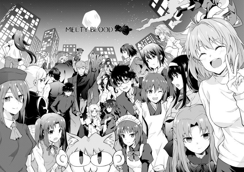 6+boys 6+girls absurdres animal_ear_fluff animal_ears aozaki_aoko archetype_earth arcueid_brunestud arima_miyako azami_masurao bare_shoulders black_hair blush bow building cape cat_ears cat_girl ciel_(tsukihime) city closed_eyes dark_persona detached_sleeves dual_persona everyone expressionless flying formal_clothes full_moon glasses greyscale group_picture hair_bow hair_over_one_eye hand_in_pocket happy highres hisui_(tsukihime) holding_hands japanese_clothes kimono kishima_kouma kohaku_(tsukihime) len_(tsukihime) long_hair looking_at_viewer maid maid_headdress mecha_hisui melty_blood michael_roa_valdamjong monochrome monster moon multiple_boys multiple_girls nanaya_shiki neco-arc neco-arc_chaos night night_sky nrvnqsr_chaos nun ponytail red_arcueid riesbyfe_stridberg robot ryougi_shiki school_uniform short_hair sion_eltnam_(type-moon) sion_eltnam_atlasia sion_tatari sky smile sweater tohno_akiha tohno_shiki toono_akiha tsukihime tunic turtleneck turtleneck_sweater v vampire vermillion_akiha wallachia white_hair white_len_(tsukihime) yumizuka_satsuki