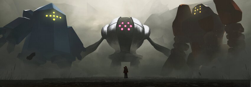 1other absurdres ambiguous_gender arms_at_sides asteroid_ill beldum creatures_(company) facing_away fog full_body game_freak gen_3_pokemon giant glowing glowing_eyes grass highres hood hood_down hooded_jacket jacket legendary_pokemon long_sleeves metang mountain nintendo pokemon pokemon_(creature) red_jacket regice regirock registeel stairs standing wide_shot