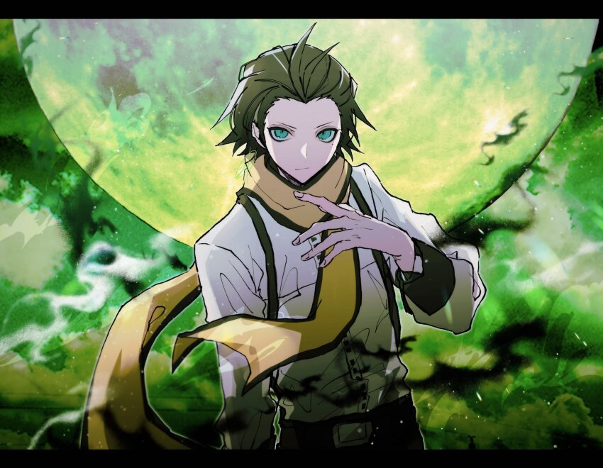 1boy black_hair blue_eyes closed_mouth full_moon green_sky hair_slicked_back hand_on_own_chest highres looking_at_viewer male_focus mochizuki_ryouji mole mole_under_eye moon night night_sky persona persona_3 scarf shirt short_hair sky solo suspenders upper_body white_shirt yellow_scarf zeka_(skzk_cm)