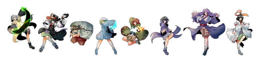 6+others absurdres androgynous arms_up arrow_(symbol) ascot bandaged_leg bandages belt black_coat black_eyes black_hair black_hat black_headband black_kimono black_shirt black_shoes black_socks blue_capelet blue_coat blue_shoes brown_ascot brown_hair brown_shoes brown_shorts brown_trim calligraphy_brush capelet clause_(len&#039;en) coat collared_shirt detached_sleeves enraku_tsubakura evanescent_existence eye_of_senri frilled_shorts frills full_body green_coat green_eyes green_hair green_hakama green_shoes green_trim grey_eyes grey_hair hair_between_eyes hakama hakama_short_skirt hakama_skirt hat headband highres holding holding_calligraphy_brush holding_paintbrush hood hood_down hood_up hooded_coat houlen_yabusame japanese_clothes jumping kariginu kimono kurohebi layered_sleeves len&#039;en long_hair long_image long_sleeves mari_(marimariarttt) medium_hair mob_cap multiple_others neck_ribbon ofuda ofuda_on_clothes open_clothes open_coat open_mouth other_focus outstretched_arms paintbrush pants pink_shirt portal_(object) puffy_short_sleeves puffy_sleeves purple_coat purple_eyes purple_hair purple_shoes purple_trim red_belt red_eyes red_hair red_pants red_ribbon ribbon sandals senri_tsurubami shirt shitodo_aoji shitodo_hooaka shitodo_kuroji shoes short_hair short_over_long_sleeves short_sleeves shorts simple_background skirt sleeveless sleeveless_coat sleeveless_shirt smile socks spread_arms tate_eboshi triangular_headpiece two-sided_fabric two-sided_headwear white_ascot white_background white_shirt white_shorts white_sleeves white_socks white_trim wide_image wide_sleeves yellow_coat