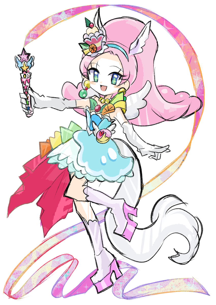 1girl absurdres animal_ears cure_parfait dress earrings elbow_gloves food food-themed_hair_ornament gloves hair_ornament highres horse_ears jewelry kirahoshi_ciel kirakira_precure_a_la_mode long_hair magical_girl parfait pink_hair ponytail precure rakugaki_shitagari-ya solo tail white_gloves white_wings wings