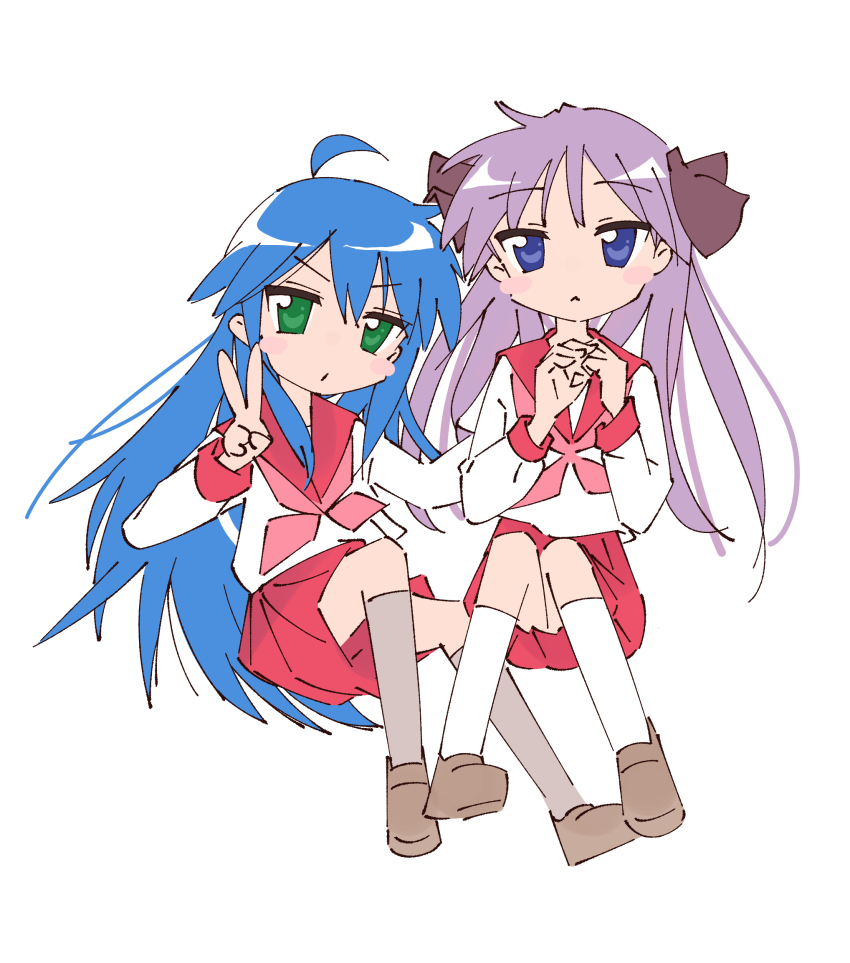 2girls arm_behind_another&#039;s_back black_bow blue_eyes blue_hair blush bow brown_shoes green_eyes highres hiiragi_kagami izumi_konata looking_at_viewer lucky_star multiple_girls pleated_skirt purple_eyes red_sailor_collar red_skirt red_sleeve_cuffs ryouou_school_uniform sailor_collar sailor_shirt school_uniform shirt shoes skirt socks tsurime twintails v white_background white_shirt white_socks yq9nhoedbnmi6iy