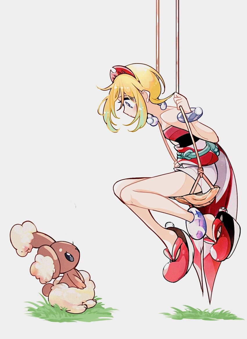1girl blonde_hair blue_eyes buneary cocoa_s3 gen_4_pokemon gen_6_pokemon highres irida_(pokemon) nintendo on_swing pokemon pokemon_(creature) pokemon_legends:_arceus swing