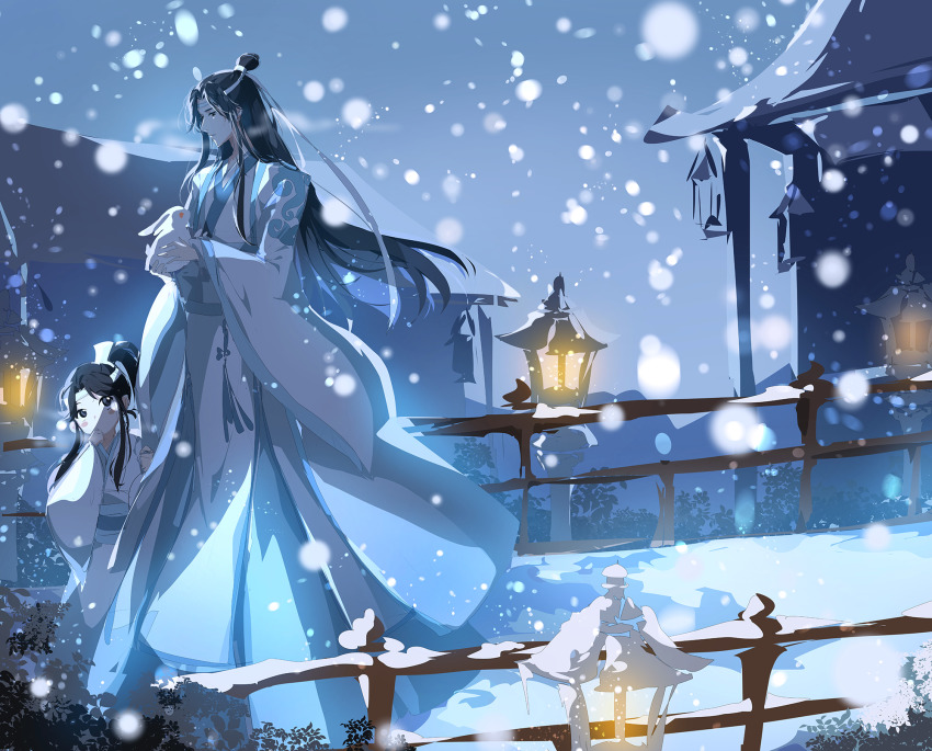 2boys animal architecture black_hair child chinese_clothes east_asian_architecture hand_up highres holding holding_animal lan_wangji lantern long_hair male_focus modao_zushi multiple_boys muse_(rainforest) outdoors rabbit railing robe sidelocks snowing white_robe