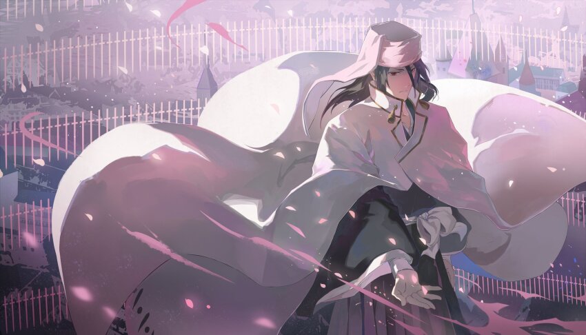 1boy bankai black_hair bleach bleach:_sennen_kessen-hen cloak haori hat highres japanese_clothes kimono kuchiki_byakuya long_hair male_focus red_eyes sash senbonzakura_kageyoshi_(bankai) shihakusho solo sword weapon white_cloak white_hat white_sash zzz_zhi_he