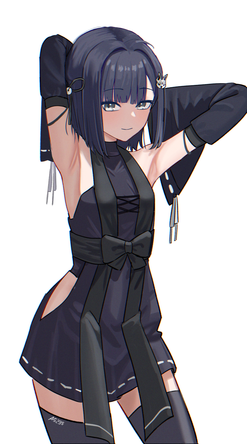 1girl a5235 armpits arms_behind_head artist_name bare_shoulders black_bow black_hair black_leotard black_ribbon black_sash black_skirt black_sleeves black_thighhighs bow detached_sleeves fox_hair_ornament grey_eyes hair_ribbon hakama hakama_skirt highres hip_vent japanese_clothes leotard looking_at_viewer miko_saya_(waktaverse) miniskirt nontraditional_miko pleated_skirt ribbon ribbon-trimmed_sleeves ribbon_trim sash short_hair skirt solo thighhighs turtleneck virtual_youtuber waktaverse wide_sleeves zettai_ryouiki