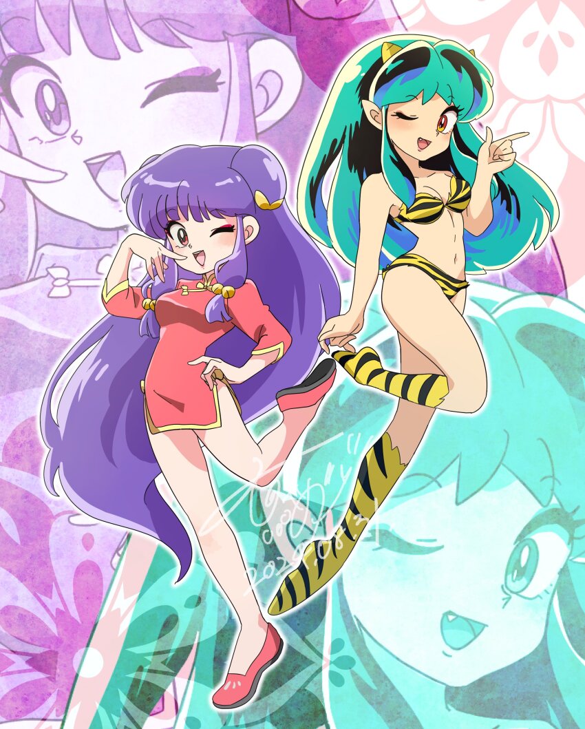 2girls absurdres animal_print bell bikini chinese_clothes dated double_bun dress fang green_hair hair_bell hair_bun hair_ornament hand_on_own_hip highres horns looking_at_viewer lum miyako_ameko multiple_girls navel one_eye_closed pink_dress pink_shoes pointy_ears print_footwear purple_hair ranma_1/2 shampoo_(ranma_1/2) shoes short_dress signature smile strapless strapless_bikini swimsuit tiger_print urusei_yatsura