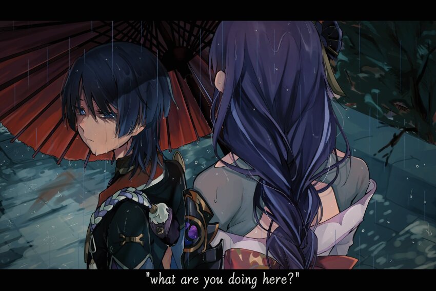 1boy 1girl black_hair black_kimono blunt_ends closed_mouth english_text eyelashes facing_away fan_hair_ornament genshin_impact gold grey_shrug highres japanese_clothes jewelry juban kimono long_hair looking_at_another looking_back low-braided_long_hair low-tied_long_hair mitsudomoe_(shape) mother_and_son multicolored_hair neck_ring off_shoulder oil-paper_umbrella outdoors pom_pom_(clothes) purple_bag purple_eyes purple_hair purple_kimono purple_rope raiden_shogun rain red_kimono red_umbrella rope scaramouche_(genshin_impact) seraharuko shaded_face shimenawa shrug_(clothing) single_sode streaked_hair tomoe_(symbol) umbrella wet white_kimono white_rope wispy_bangs