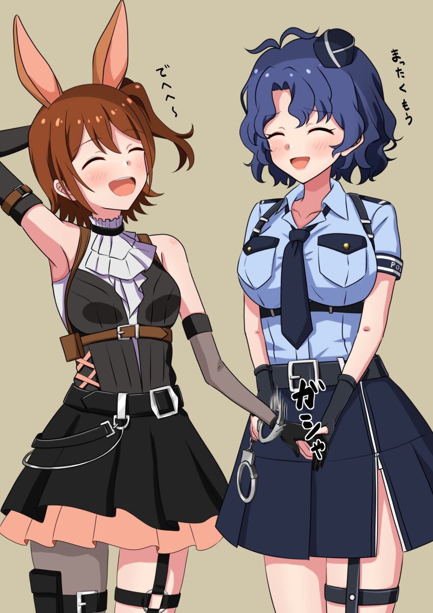 2girls :d animal_ears antenna_hair arm_behind_head armpits belt belt_buckle black_belt black_gloves blue_hair blue_hat blue_necktie blue_shirt blue_skirt blush breast_pocket breasts brown_background brown_hair buckle chest_harness closed_eyes collared_shirt concept_police_(idolmaster) cowboy_shot cuffs dot_nose double-parted_bangs dress elbow_gloves eyelashes fingerless_gloves flipped_hair forehead garrison_cap garter_straps gloves handcuffs harness hat highres idolmaster idolmaster_million_live! idolmaster_million_live!_theater_days kasuga_mirai large_breasts layered_skirt medium_hair mimiu_p mini_hat multiple_girls necktie official_alternate_costume open_mouth parted_bangs pleated_skirt pocket police police_uniform policewoman rabbit_ears shirt short_hair short_sleeves shoulder_boards side_ponytail side_slit sidelocks simple_background skirt sleeveless sleeveless_dress small_breasts smile standing teeth thigh_strap tilted_headwear toyokawa_fuka translation_request upper_teeth_only wavy_hair zipper_pull_tab zipper_skirt