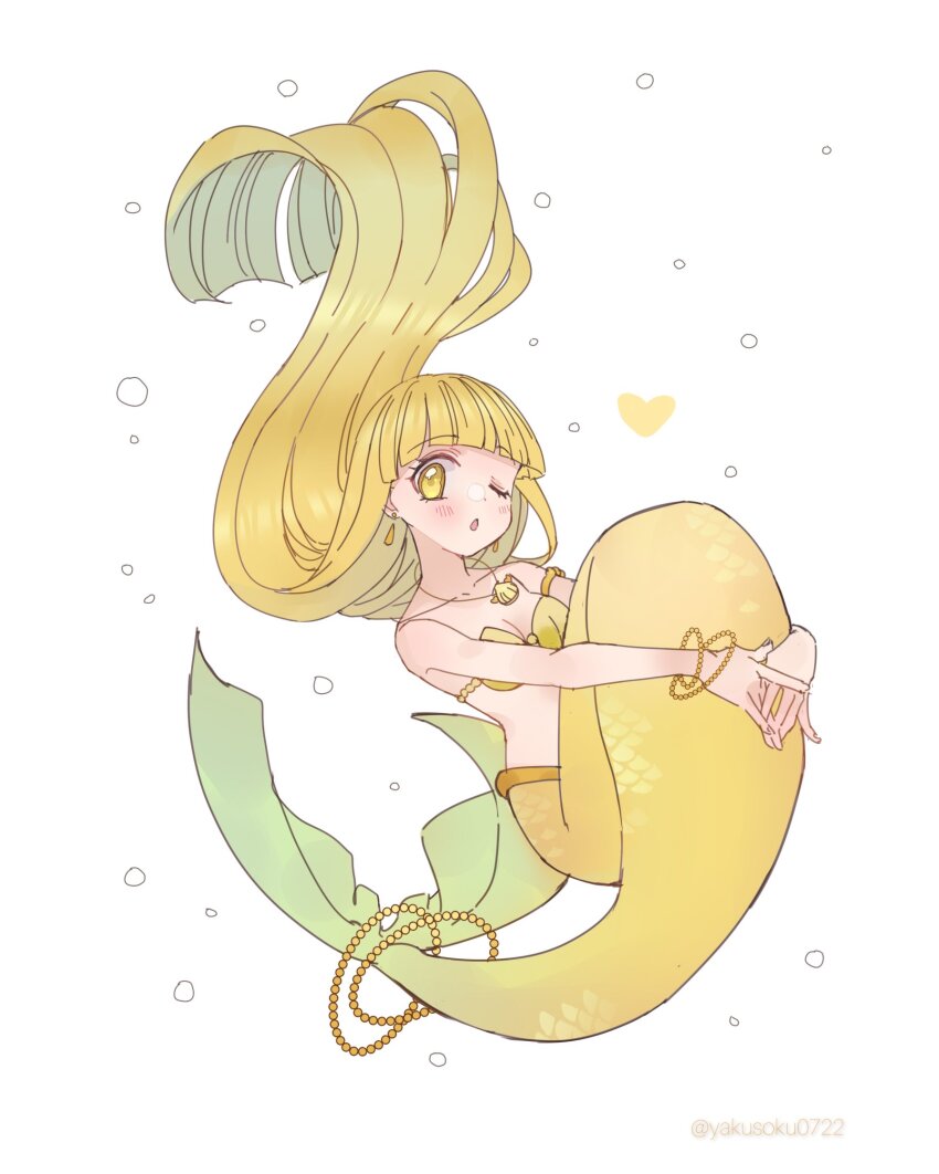 +1_(yakusoku0722) 1girl anklet armlet bikini blonde_hair blunt_bangs coco_(mermaid)_(mermaid_melody_pichi_pichi_pitch) coco_(mermaid_melody_pichi_pichi_pitch) earrings floating floating_hair highres jewelry knees_to_chest long_hair mermaid mermaid_melody_pichi_pichi_pitch monster_girl necklace one_eye_closed pendant scales shell shell_bikini shell_necklace yellow_eyes