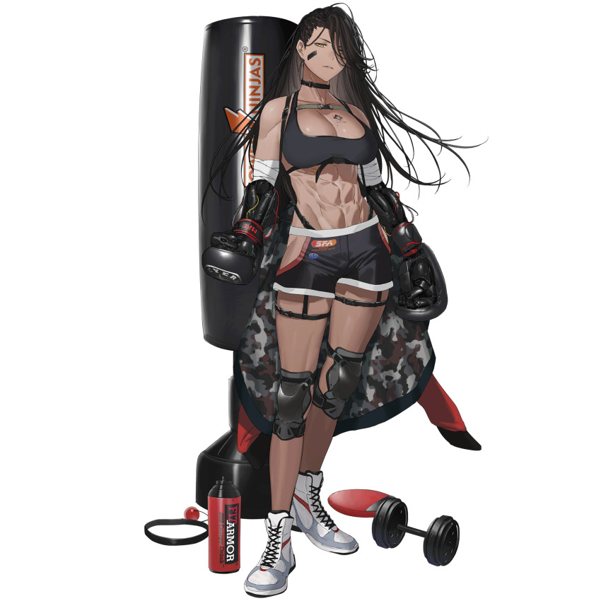 1girl abs bandaged_arm bandages black_hair black_shorts black_sports_bra bottle boxing boxing_gloves dark-skinned_female dark_skin full_body game_cg girls&#039;_frontline girls&#039;_frontline_neural_cloud highres hip_vent kaoruko_(unkrk55) knee_pads long_hair magnhilda_(neural_cloud) muscular muscular_female official_art punching_bag shoes shorts sneakers solo sports_bra standing tachi-e third-party_source transparent_background water_bottle weights white_shoes yellow_eyes