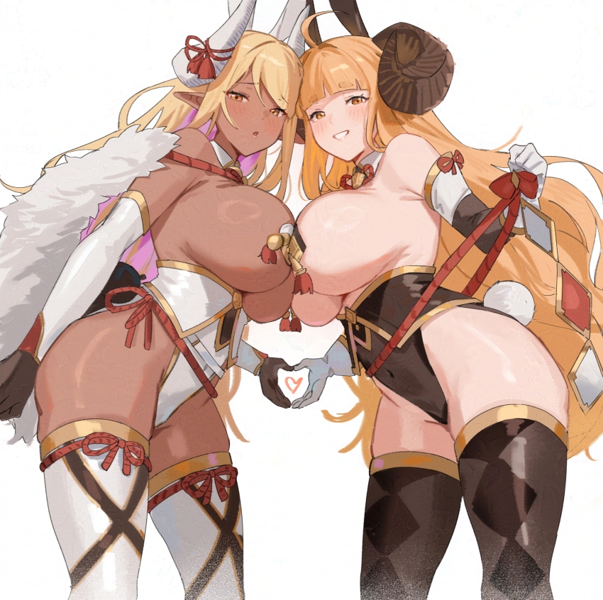 2girls ahoge anila_(granblue_fantasy) black_gloves black_leotard black_thighhighs blonde_hair blunt_bangs blush breast_press breasts breasts_out covered_navel curled_horns dark-skinned_female dark_skin draph elbow_gloves fikkyun from_side gloves granblue_fantasy heart heart_hands heart_hands_duo highres horn_ornament horns kumbhira_(granblue_fantasy) leotard leotard_pull long_hair multiple_girls nipple-to-nipple open_mouth orange_eyes pantyhose pasties pointy_ears rabbit_ears rabbit_tail rope_belt sideboob smile standing symmetrical_docking tassel thighhighs topless_female white_background white_gloves white_leotard white_thighhighs