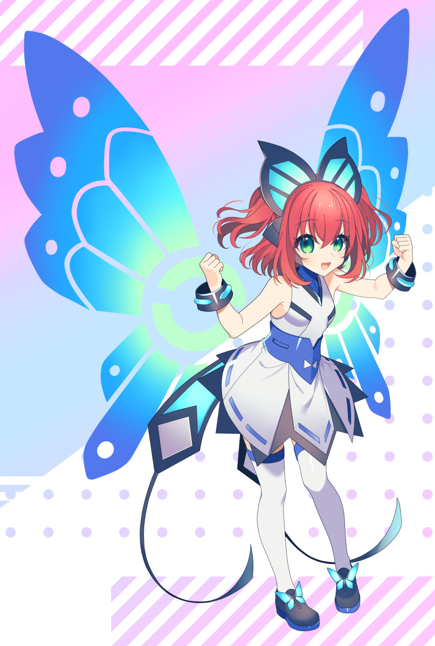 1girl absurdres armlet arms_up azure_striker_gunvolt azure_striker_gunvolt_2 black_armlet black_shoes breasts butterfly_hair_ornament butterfly_wings clenched_hands commission commissioner_upload cosplay dress energy_wings ganbaru_pose green_eyes hair_between_eyes hair_ornament headphones highres insect_wings jewelry kurosawa_ruby lololotton looking_at_viewer love_live! love_live!_sunshine!! lumen_(gunvolt) lumen_(gunvolt)_(cosplay) medium_hair multicolored_dress multicolored_thighhighs open_mouth red_hair shoes simple_background skeb_commission sleeveless small_breasts smile solo thighhighs two_side_up wings