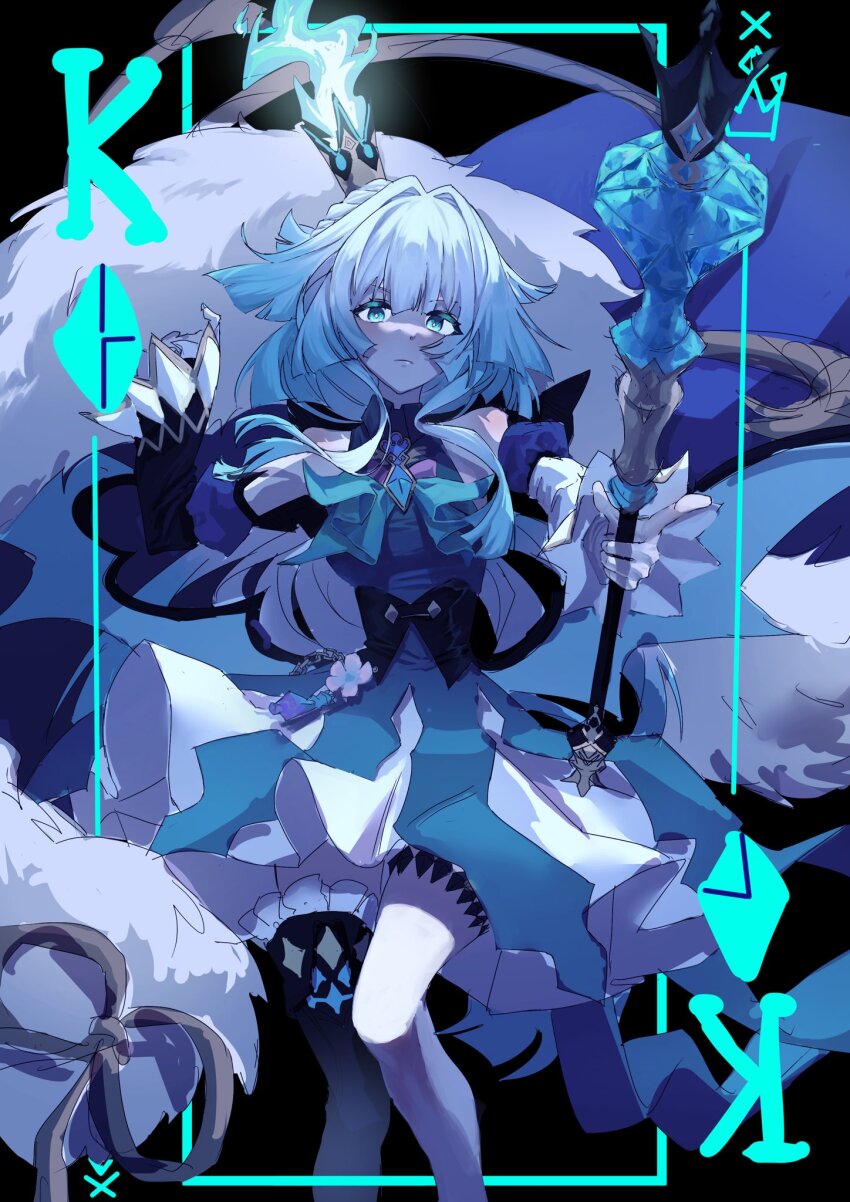 1girl black_background black_thighhighs blue_dress blue_eyes blue_hair cane cape cerydra_(honkai:_star_rail) commentary_request crown detached_sleeves dress fur-trimmed_cape fur_trim hair_intakes highres holding holding_cane honkai:_star_rail honkai_(series) januar_dream korean_commentary mini_crown single_thighhigh solo thighhighs
