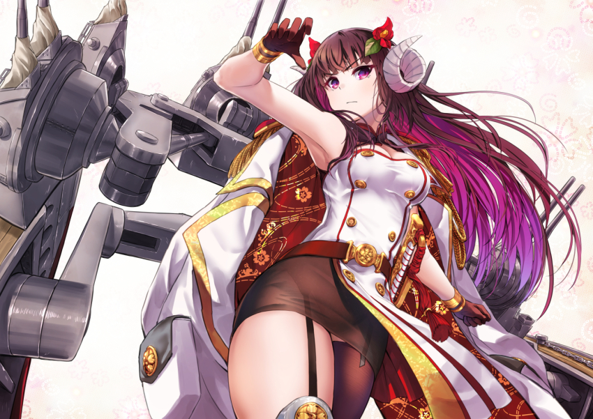 1girl artillery azur_lane breasts brown_gloves brown_skirt buttons cleavage coat coat_on_shoulders curled_horns double-breasted epaulettes flower from_below gloves horns large_breasts long_hair pencil_skirt print_coat purple_eyes purple_hair red_flower rigging sakura_empire_(emblem) sakuramon sheath sheathed skirt solo suruga_(azur_lane) white_coat zombie_mogura