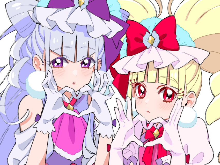 2girls aisaki_emiru blonde_hair blunt_bangs bow closed_mouth clothing_cutout cure_amour cure_macherie gloves grey_hair hair_bow heart heart_hands highres hugtto!_precure long_hair looking_at_viewer makeup mascara multiple_girls parted_lips precure purple_bow purple_eyes red_bow red_eyes ruru_amour shirako_love shoulder_cutout twintails upper_body very_long_hair white_background white_gloves