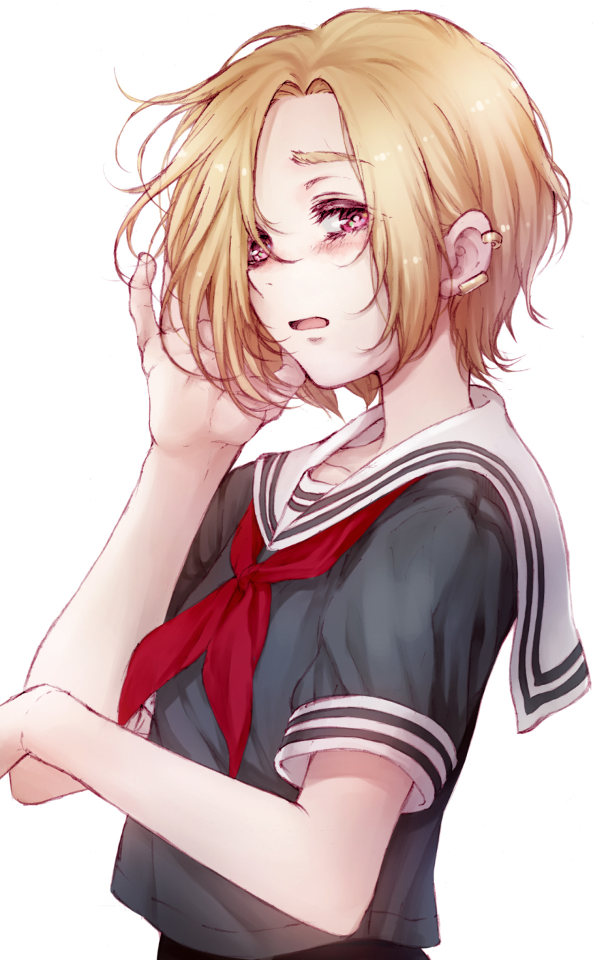1girl blonde_hair blush commentary_request ear_piercing earrings female_focus hand_in_own_hair haruhito_(divineshalt) highres idolmaster idolmaster_cinderella_girls jewelry looking_at_viewer parted_lips piercing pink_eyes red_neckwear school_uniform serafuku shirasaka_koume short_hair short_sleeves simple_background solo striped tareme upper_body white_background