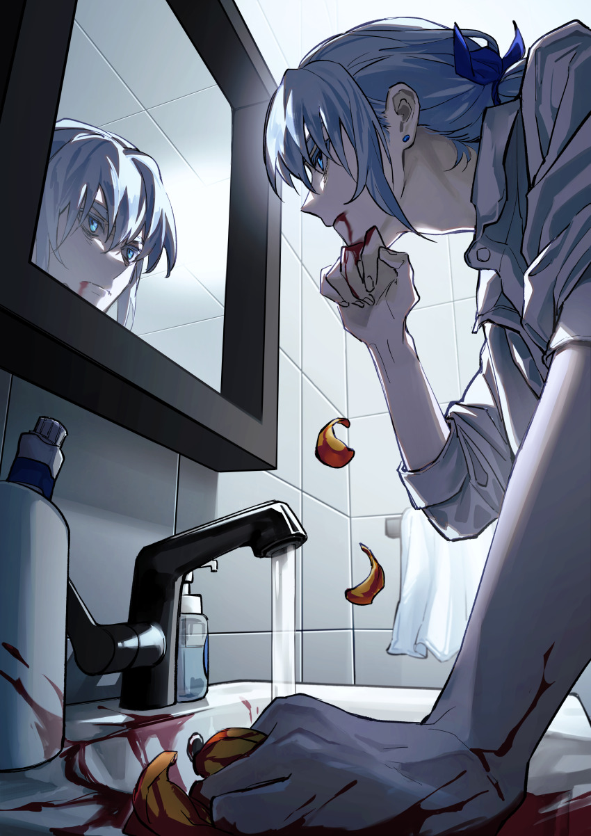 1boy absurdres blood blood_from_mouth blood_on_face blood_on_hands blue_eyes blue_hair blue_ribbon coughing_flowers earrings falling_petals flower hair_between_eyes hair_ribbon highres jewelry khun_aguero_agnis looking_at_mirror male_focus mirror pale_skin petals red_flower reflection ribbon single_earring sink sleeves_rolled_up solo tower_of_god zayaaa_zaya