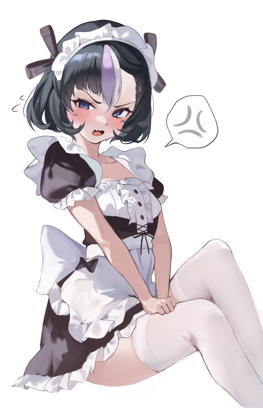 1girl alternate_costume anger_vein apron black_bow black_hair blue_eyes blush bow collarbone dress dress_tug enmaided fang flat_chest frills goddess_of_victory:_nikke highres looking_at_viewer maid maid_apron maid_headdress mole mole_under_eye multicolored_hair open_mouth puffy_short_sleeves puffy_sleeves short_hair short_sleeves simple_background sitting spoken_anger_vein streaked_hair syuen_(nikke) tears thighhighs uyuri_(89976220) v-shaped_eyebrows white_background white_thighhighs zettai_ryouiki
