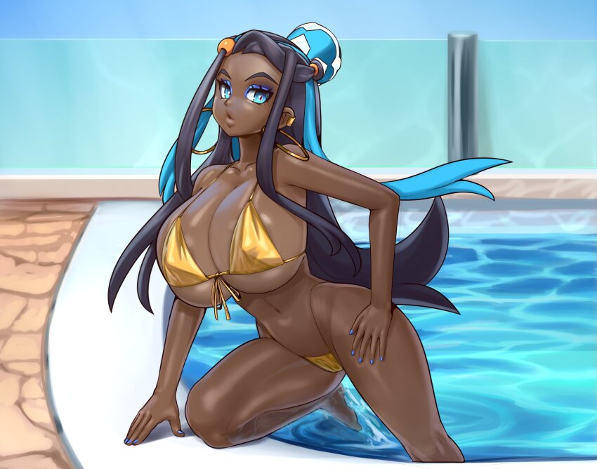 1girl alternate_breast_size alternate_costume bikini black_hair blue_eyes blue_nails breasts creatures_(company) dark-skinned_female dark_skin earrings game_freak gold_bikini gold_earrings highres hoop_earrings huge_breasts jewelry looking_at_viewer mystical_(plantpenetrator) nessa_(pokemon) nintendo outdoors pokemon pokemon_swsh pool solo swimsuit very_dark_skin water
