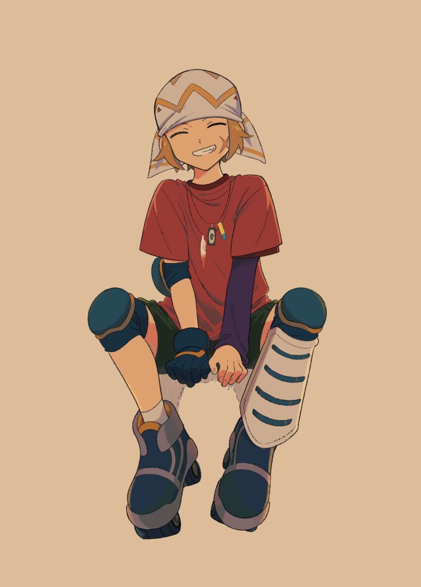 1boy bandana blonde_hair character_request closed_eyes commentary_request cross_scar facial_scar facing_viewer full_body gloves grin highres ittumozzz male_focus nintendo pokemon pokemon_colosseum purple_shirt red_shirt roller_boy_(pokemon) roller_skates scar scar_on_cheek scar_on_face shirt short_hair short_sleeves simple_background single_glove single_shin_guard sitting skates smile solo t-shirt teeth