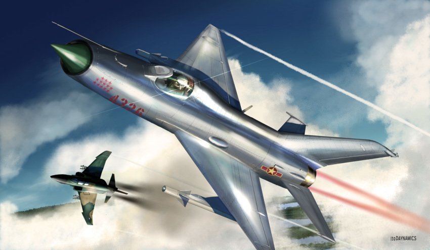 aerial_battle afterburner aircraft battle canopy cloud cockpit commentary commentary_request contrail dogfight f-4_phantom_ii forest helmet i.t.o_daynamics killmark lake mig-21 missile nature pilot pilot_suit radio_antenna real_life realistic roundel signature united_states_air_force vietnam vietnam_war