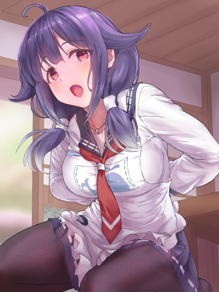 1girl ahoge animal_print apron black_hair black_pantyhose blush breasts commentary_request em_s fish_print hair_ornament highres indoors kantai_collection kappougi large_breasts long_hair looking_at_viewer low_twintails magatama on_floor open_door open_mouth pantyhose purple_hair red_eyes school_uniform serafuku shouji sliding_doors smile solo taigei_(kancolle) twintails whale_hair_ornament whale_print