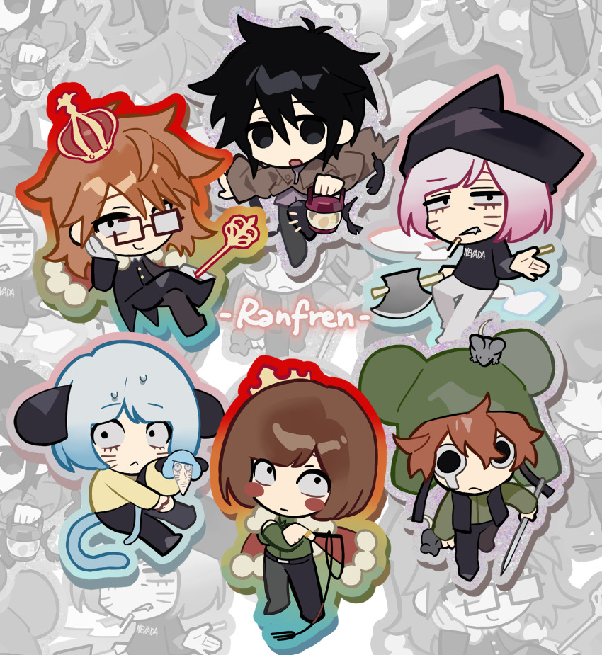 6+boys animal animal_ears animal_hat axe black_eyes black_hair blue_hair brown_hair cat_boy cat_hat cat_tail chibi chinese_commentary cigarette commentary_request crown facial_mark fake_animal_ears glasses grey_background hat highres holding holding_axe holding_cigarette holding_lantern holding_scepter lantern luther_von_ivory male_focus mouse_(animal) mouse_hat multiple_boys nyen_(randal&#039;s_friends) nyon_(randal&#039;s_friends) pink_hair present_day_problem_takeuchi_robert randal&#039;s_friends randal_ivory scepter shime52631 short_hair smoke tail tsukada_satoru whisker_markings