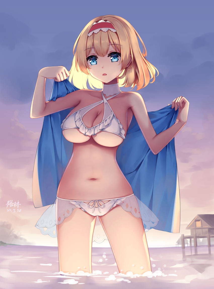 1girl absurdres alice_margatroid bikini blonde_hair blue_eyes breasts collarbone cowboy_shot frilled_bikini frilled_hairband frills hairband highres large_breasts looking_at_viewer mechrailgun medium_hair navel outdoors parted_lips plump red_hairband solo sunset swimsuit touhou towel wading white_bikini