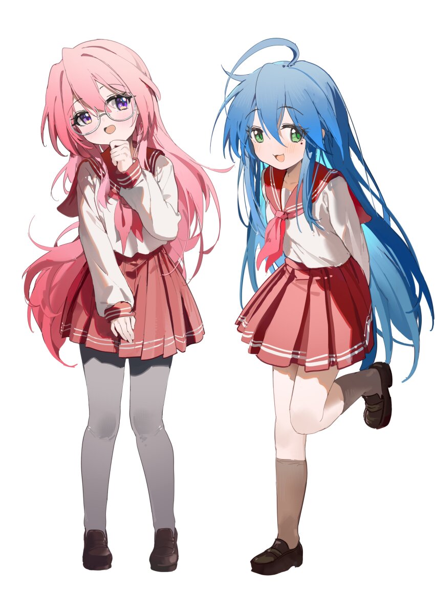 2girls absurdres arm_behind_back black_shoes blue_hair brown_socks coria full_body glasses green_eyes grey_pantyhose hand_up highres izumi_konata loafers long_sleeves looking_at_viewer lucky_star mole mole_under_eye multiple_girls neckerchief open_mouth pantyhose pink_hair pink_neckerchief pink_sailor_collar pink_skirt purple_hair sailor_collar school_uniform shirt shoes simple_background skirt smile socks standing standing_on_one_leg takara_miyuki white_background white_shirt