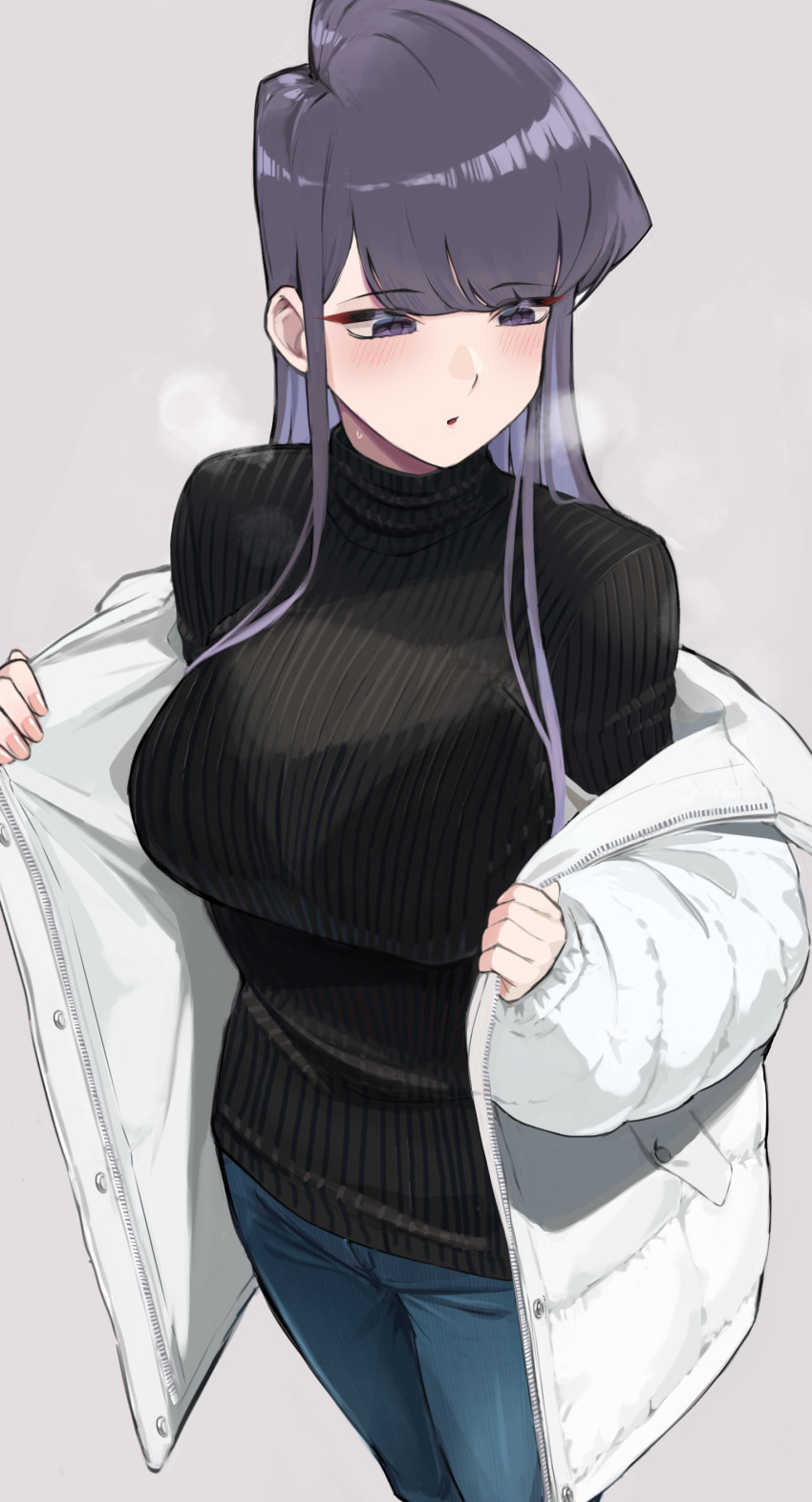 1girl absurdres ayatak0517 black_sweater blush breasts breath denim down_jacket grey_hair highres jacket jeans komi-san_wa_komyushou_desu komi_shouko large_breasts looking_to_the_side open_clothes open_jacket pants ribbed_sweater simple_background solo straight_hair sweater white_jacket