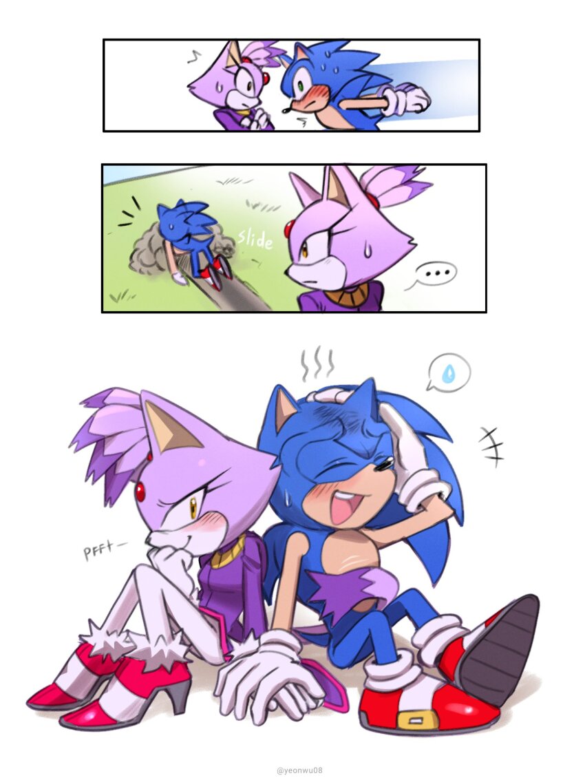 ... 1boy 1girl animal_ears blaze_the_cat blue_fur blush cat_ears cat_girl cat_tail closed_eyes fur-trimmed_shoes furry furry_female furry_male gloves high_heels highres pink_shoes purple_fur red_shoes shoes smile sonic_(series) sonic_the_hedgehog tail tail_wrap white_gloves yeonwu08