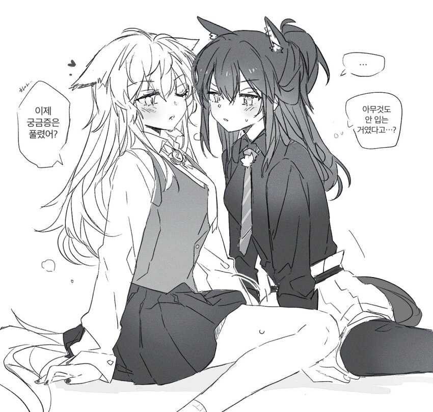 2girls animal_ears arknights blush collared_shirt greyscale heart highres lappland_(arknights) long_hair long_sleeves looking_at_another monochrome multiple_girls nail_polish necktie one_eye_closed parted_lips pleated_skirt ponytail seri_(vyrlw) shirt sitting skirt speech_bubble sweatdrop tail texas_(arknights) thought_bubble translation_request vest wariza wolf_ears wolf_girl wolf_tail yuri