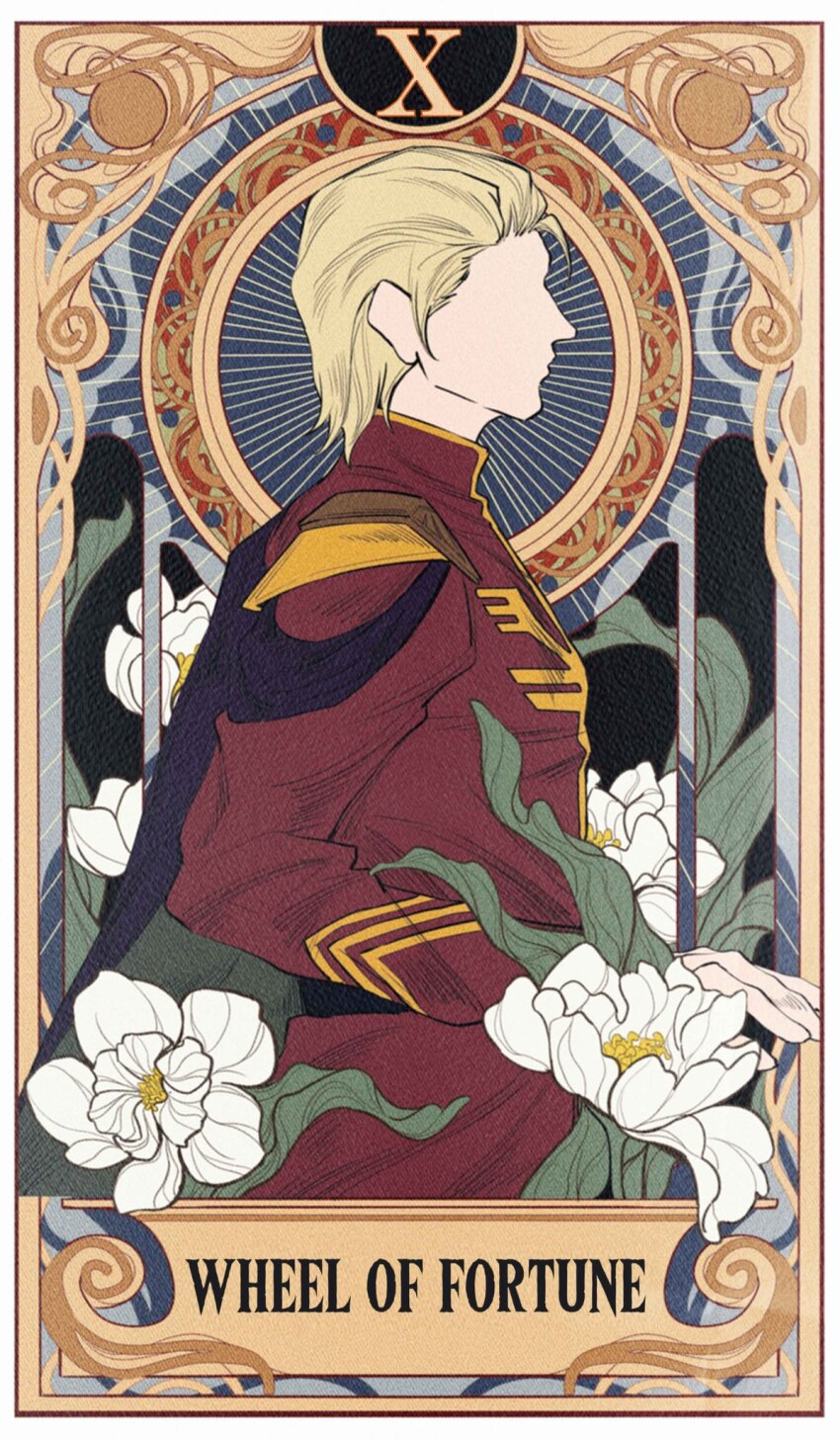1boy blonde_hair cape card char&#039;s_counterattack char_aznable faceless faceless_male gundam hair_slicked_back highres long_sleeves male_focus mikazuki121410 military military_uniform mobile_suit_gundam plain_epaulettes short_hair solo tarot tarot_card wheel_of_fortune_(tarot)