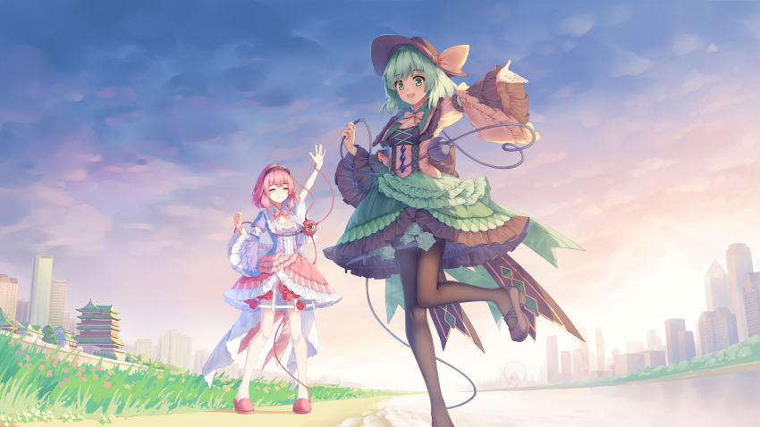 2girls :d absurdres architecture arm_up beach black_footwear black_hairband black_headwear black_pantyhose blue_shirt blush bow bowtie breasts building chinese_commentary cityscape cleavage closed_eyes closed_mouth cloud commentary_request dusk east_asian_architecture ferris_wheel flower frilled_shirt_collar frilled_skirt frilled_sleeves frills full_body grass green_eyes green_flower green_rose green_skirt grey_hair hair_ornament hairband hand_up hat hat_bow heart heart_hair_ornament heart_of_string highres komeiji_koishi komeiji_satori long_sleeves looking_at_another mechrailgun medium_hair multiple_girls open_mouth outdoors outstretched_arm pagoda pantyhose pink_bow pink_bowtie pink_flower pink_hair pink_rose pink_skirt pink_slippers red_eyes river rose shirt shoes siblings sisters skirt sky skyscraper sleeve_garter slippers small_breasts smile teeth third_eye touhou upper_teeth_only water white_pantyhose wide_sleeves yellow_bow yellow_bowtie yellow_shirt