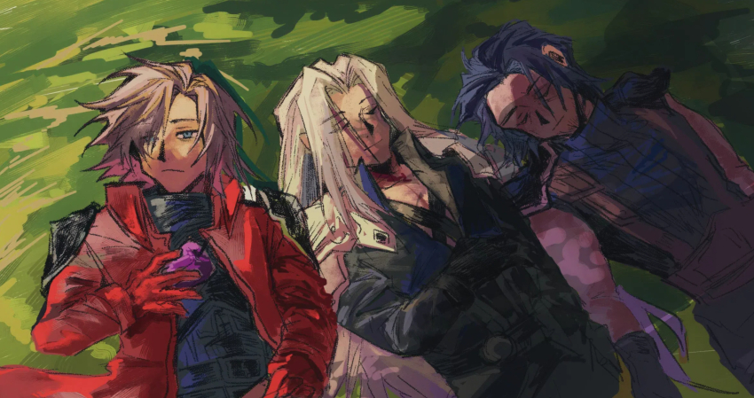 3boys angeal_hewley apple black_hair brown_hair closed_eyes crisis_core_final_fantasy_vii dull_flranks facial_hair final_fantasy final_fantasy_vii food fruit genesis_rhapsodos grass grey_hair highres holding holding_food holding_fruit jacket long_hair lying male_focus multiple_boys on_back on_grass red_jacket sephiroth short_hair sleeping