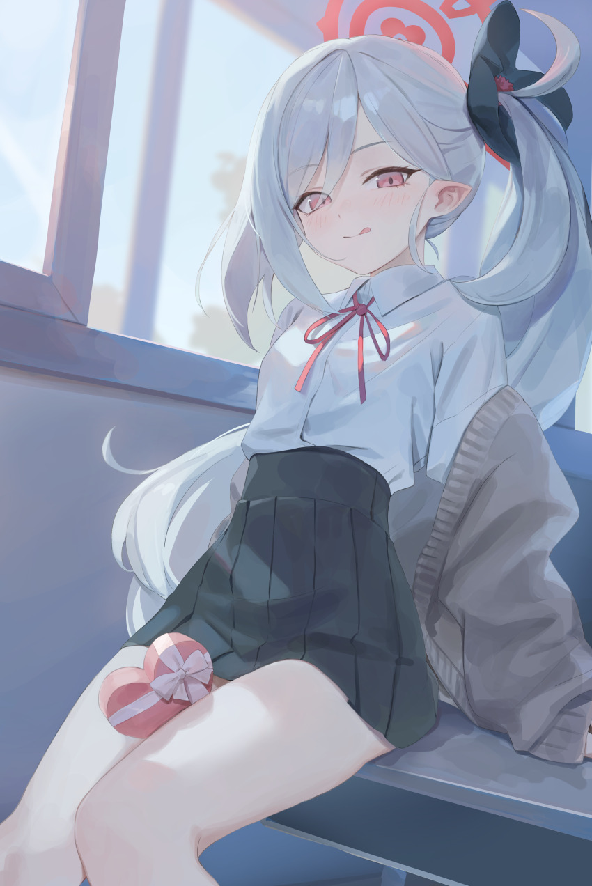 1girl :q absurdres between_thighs black_skirt blue_archive blush box brown_cardigan cardigan collared_shirt commentary dress_shirt feet_out_of_frame grey_hair halo heart-shaped_box high-waist_skirt highres indoors long_hair looking_at_viewer mutsuki_(blue_archive) neck_ribbon off_shoulder open_cardigan open_clothes pleated_skirt pointy_ears rang_go red_eyes red_halo red_ribbon ribbon school_uniform shirt shirt_tucked_in side_ponytail sitting skirt sleeves_past_wrists solo symbol-only_commentary tongue tongue_out very_long_hair white_shirt window