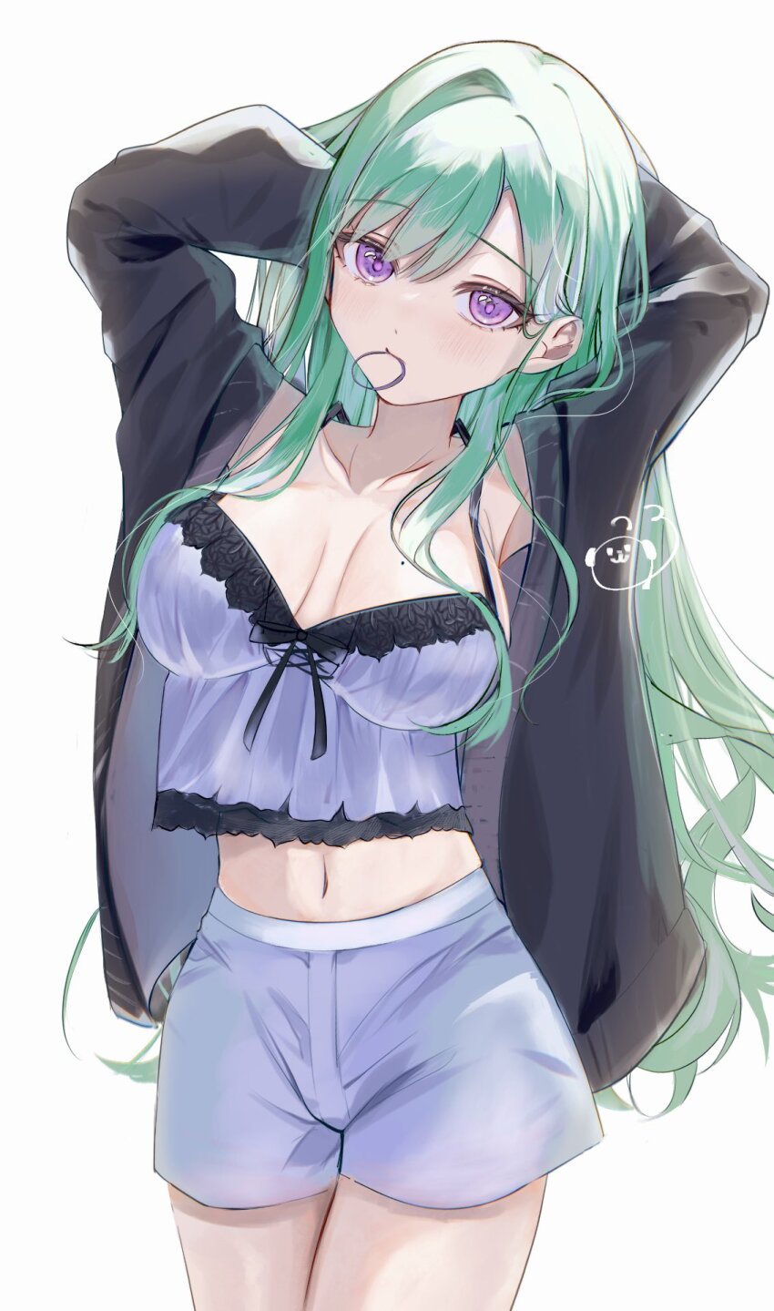 1girl adjusting_hair breasts breasts_apart camisole cardigan green_hair hair_tie_in_mouth highres large_breasts long_hair looking_at_viewer mole mole_on_breast mouth_hold navel open_clothes purple_camisole purple_eyes shorts solo standing suyosuyo virtual_youtuber vspo! yakumo_beni yakumo_beni_(5th_costume)
