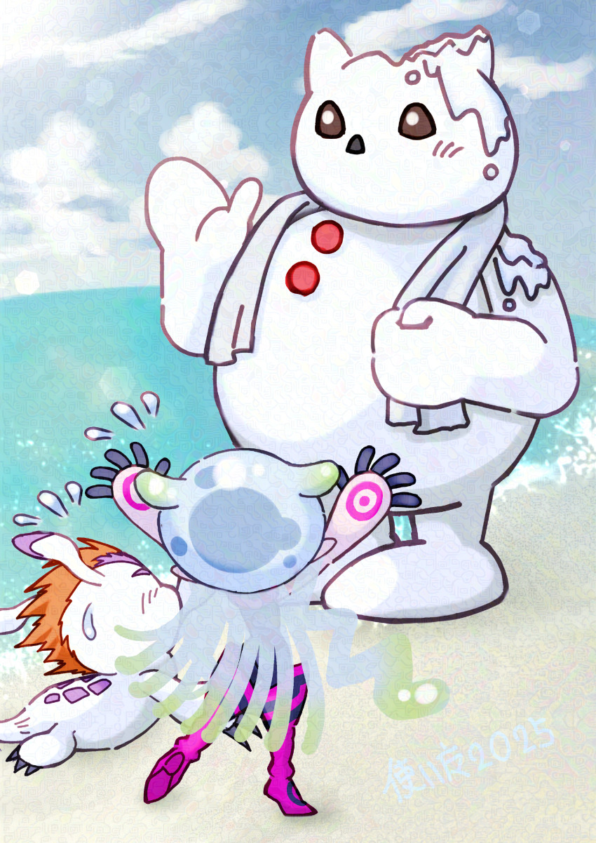 colored_skin digimon digimon_(creature) gomamon jellyfish_girl jellymon melting monster_girl orange_hair pink_skin pixiv_user_(42891114) tentacle_hair tentacles white_skin yukidarumon