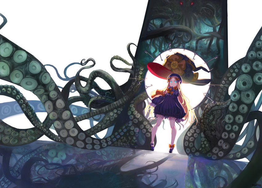 1girl abigail_williams_(fate) absurdres backlighting black_bow black_dress black_hat blonde_hair bloomers blue_eyes bow breasts cthulhu cthulhu_mythos dawito dress fate/grand_order fate_(series) forehead full_body gate glowing glowing_eyes hair_bow hat highres keyhole long_hair long_sleeves looking_at_viewer orange_bow parted_bangs ribbed_dress sleeves_past_fingers sleeves_past_wrists small_breasts stuffed_animal stuffed_toy teddy_bear tentacles underwear white_bloomers witch_hat