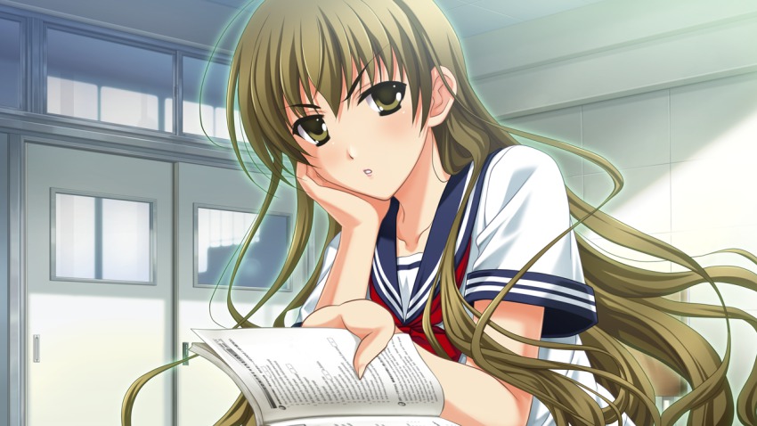 1girl akanegasaki_sora alternate_costume brown_eyes brown_hair classroom ever_17 female_focus game_cg head_rest indoors lipstick long_hair looking_at_viewer makeup pink_lips school school_uniform serafuku sitting solo textbook